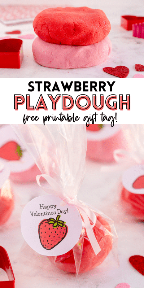 This soft homemade playdough recipe is easy to make and has a sweet strawberry smell. Add a free gift tag for a fun Valentine's Day Gift!