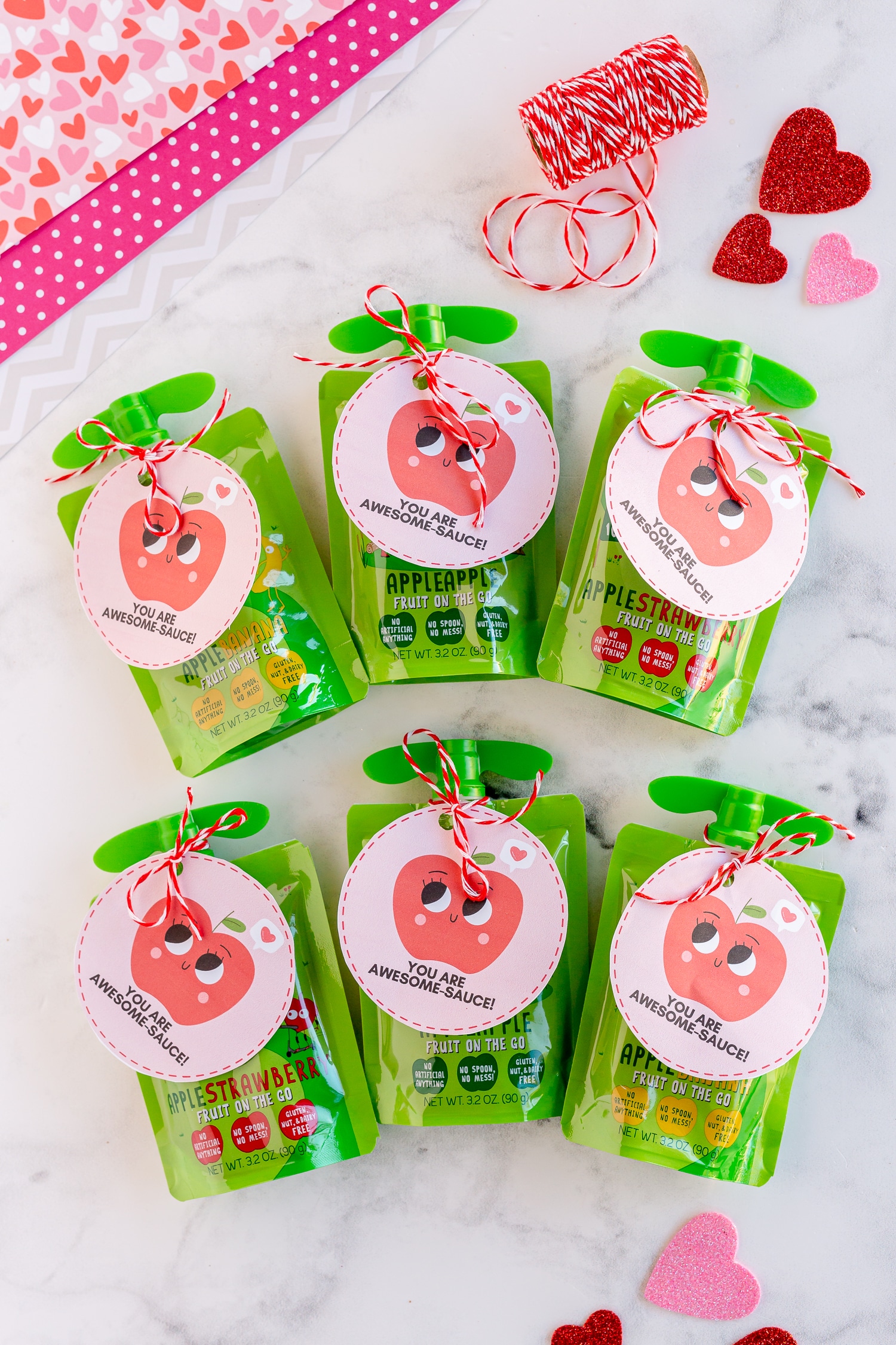 You are Awesome-sauce Valentine Printable attached to applesauce pouches