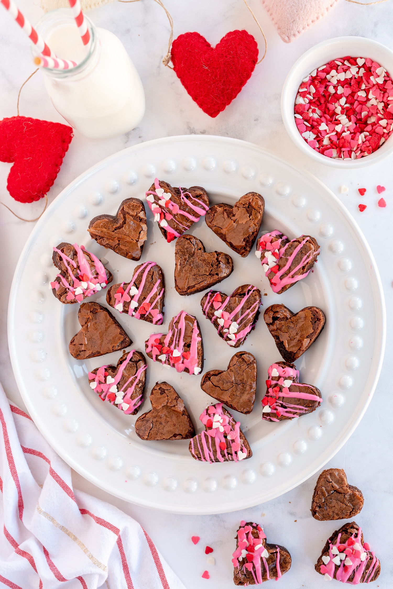 Heart Shaped Brownies on white serving plate