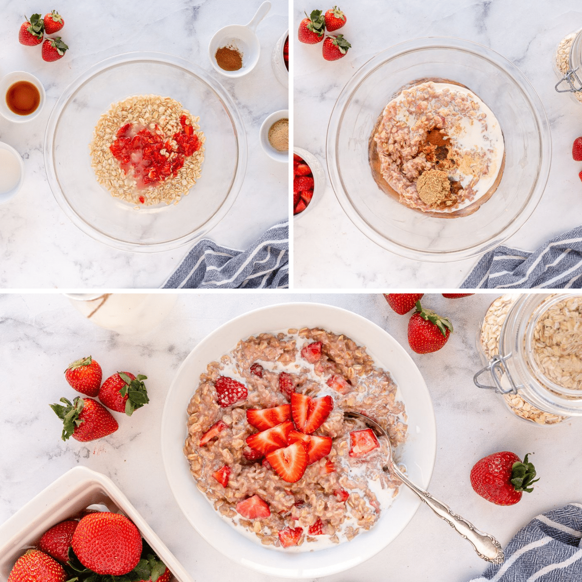 collage to make strawberry oatmeal in a large bowl
