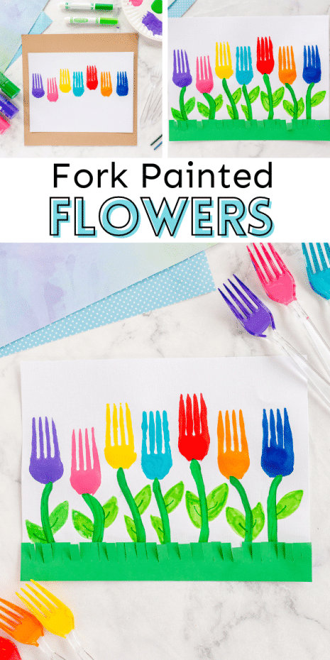 Fork-painted flowers are the perfect craft to do in the Spring and Summertime! Bright paint colors and plastic forks makes this an easy 30-minute or less craft for kids!