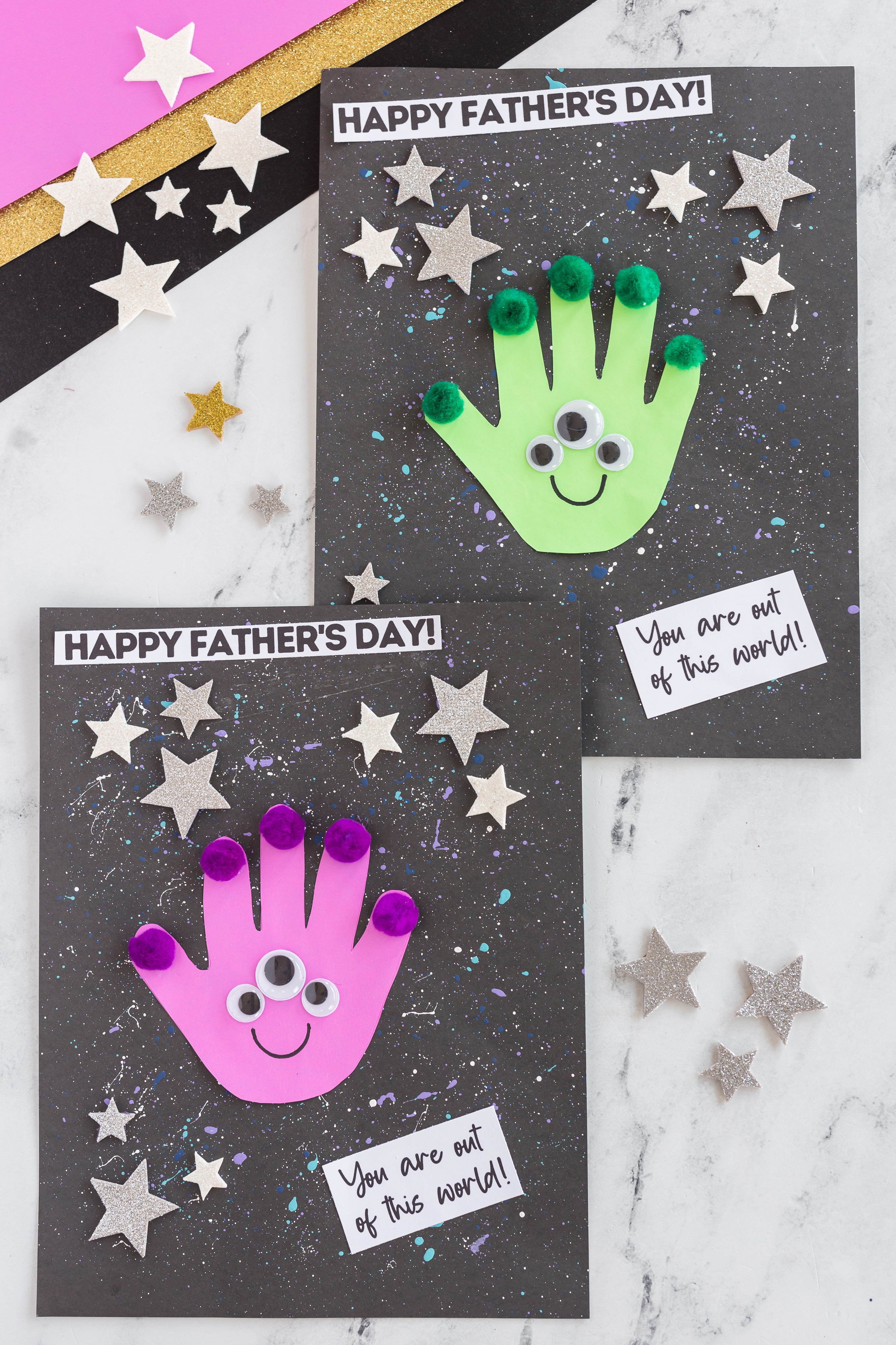 Make a fun handprint alien craft for Father's Day that is out of this world. Kids will go crazy over this galactic activity!
