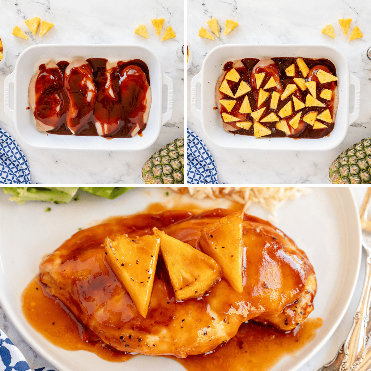 bbq sauce and pineapple laid on chicken breast in baking dish