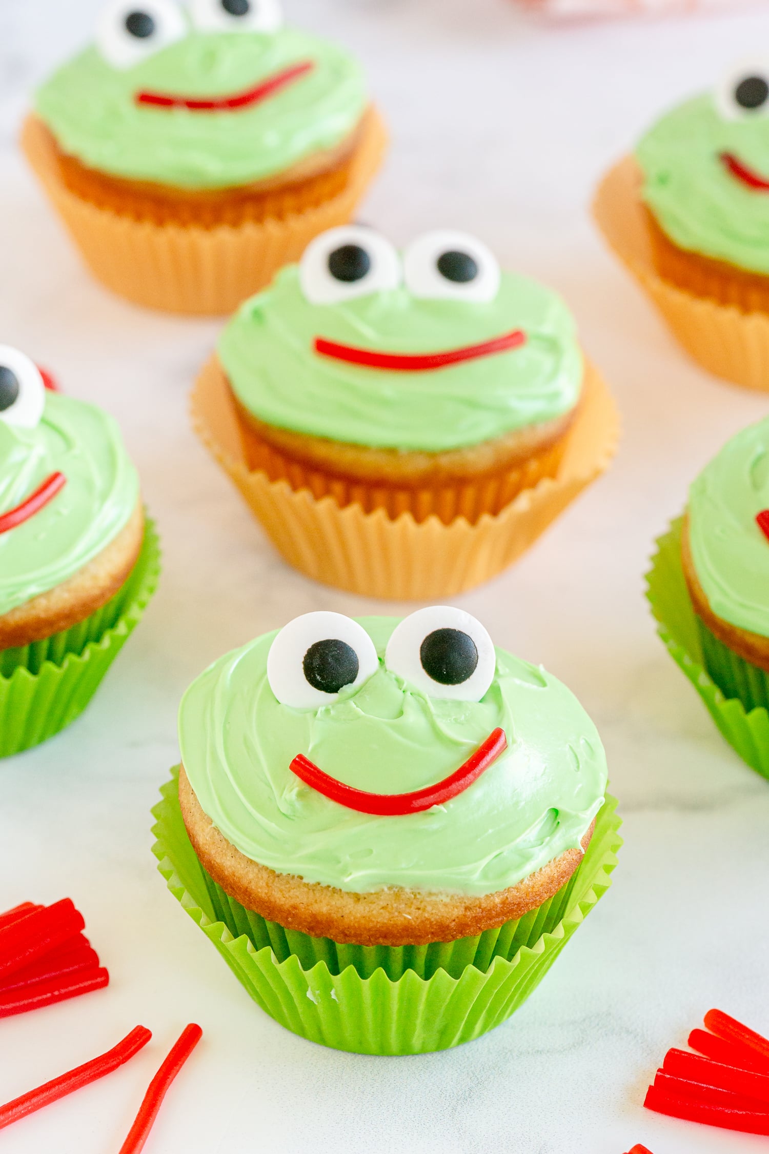 close up shot of frog cupcakes