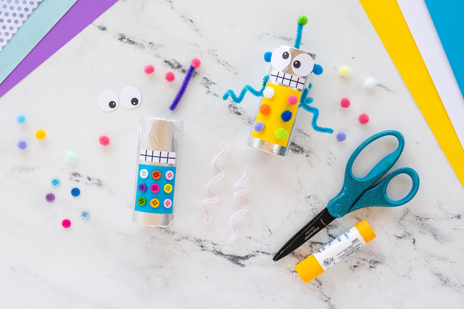 Completed toilet paper roll robot craft ready for imaginative play