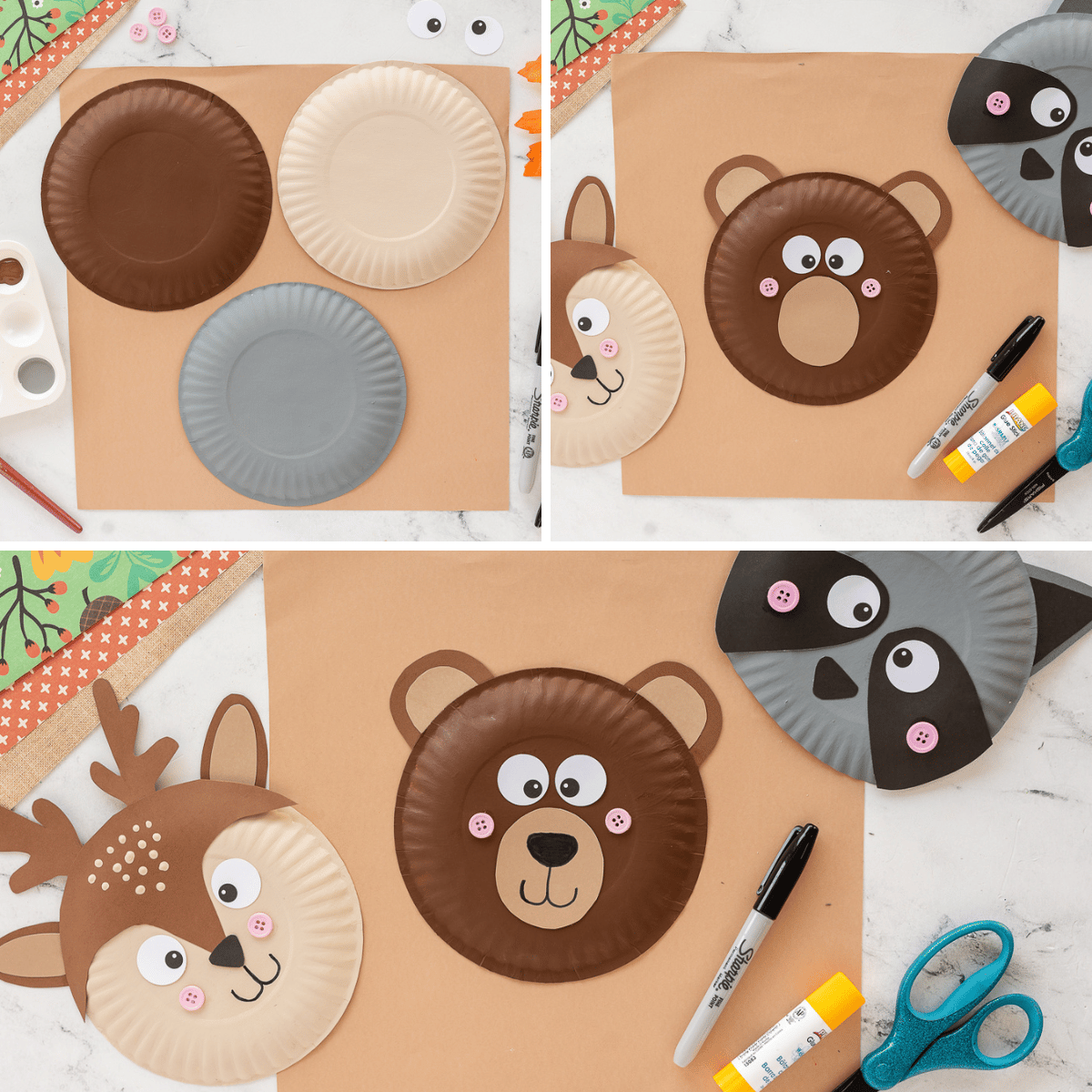 painted paper plates on brown paper on craft table