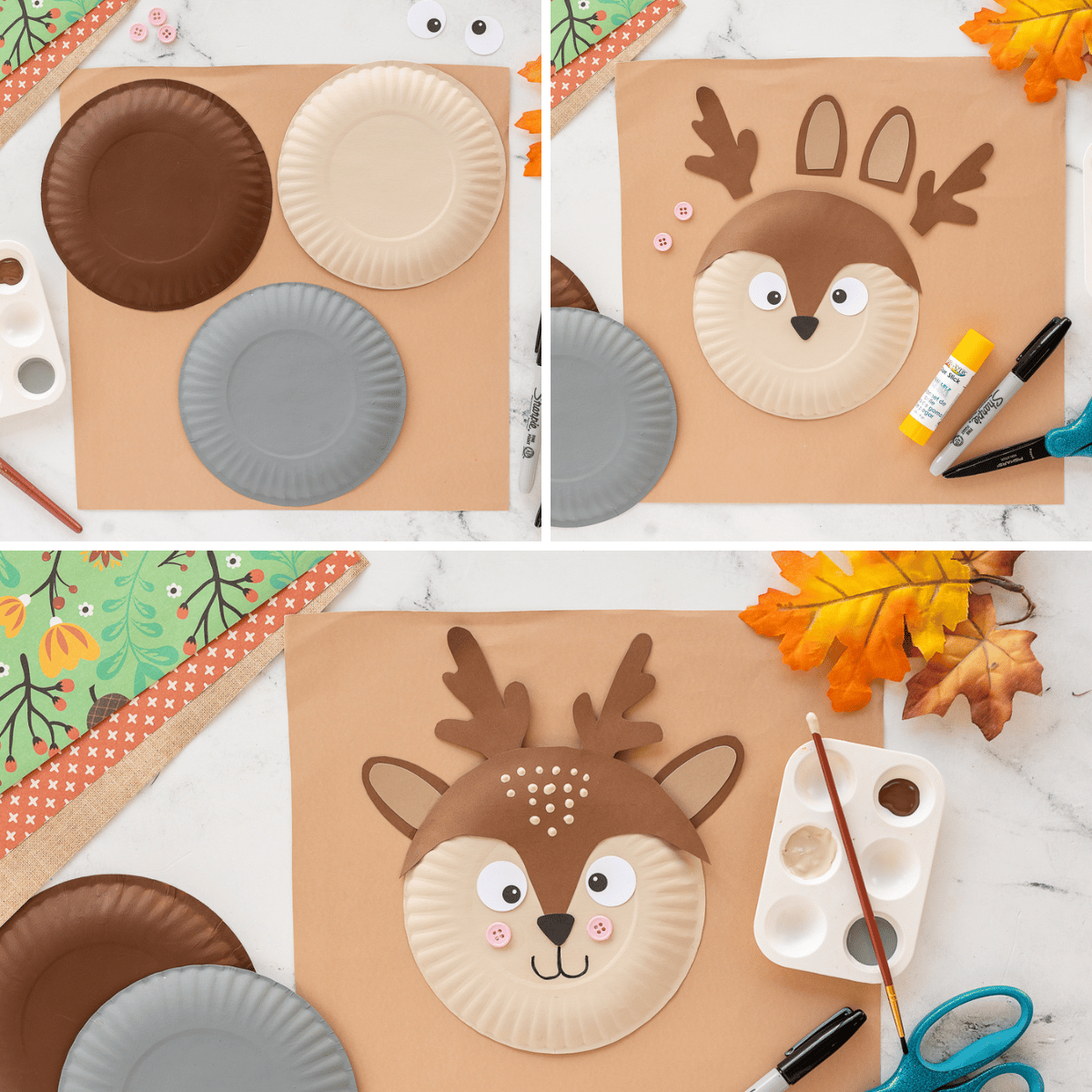  Paper Plate Deer on craft table with faux leaves.