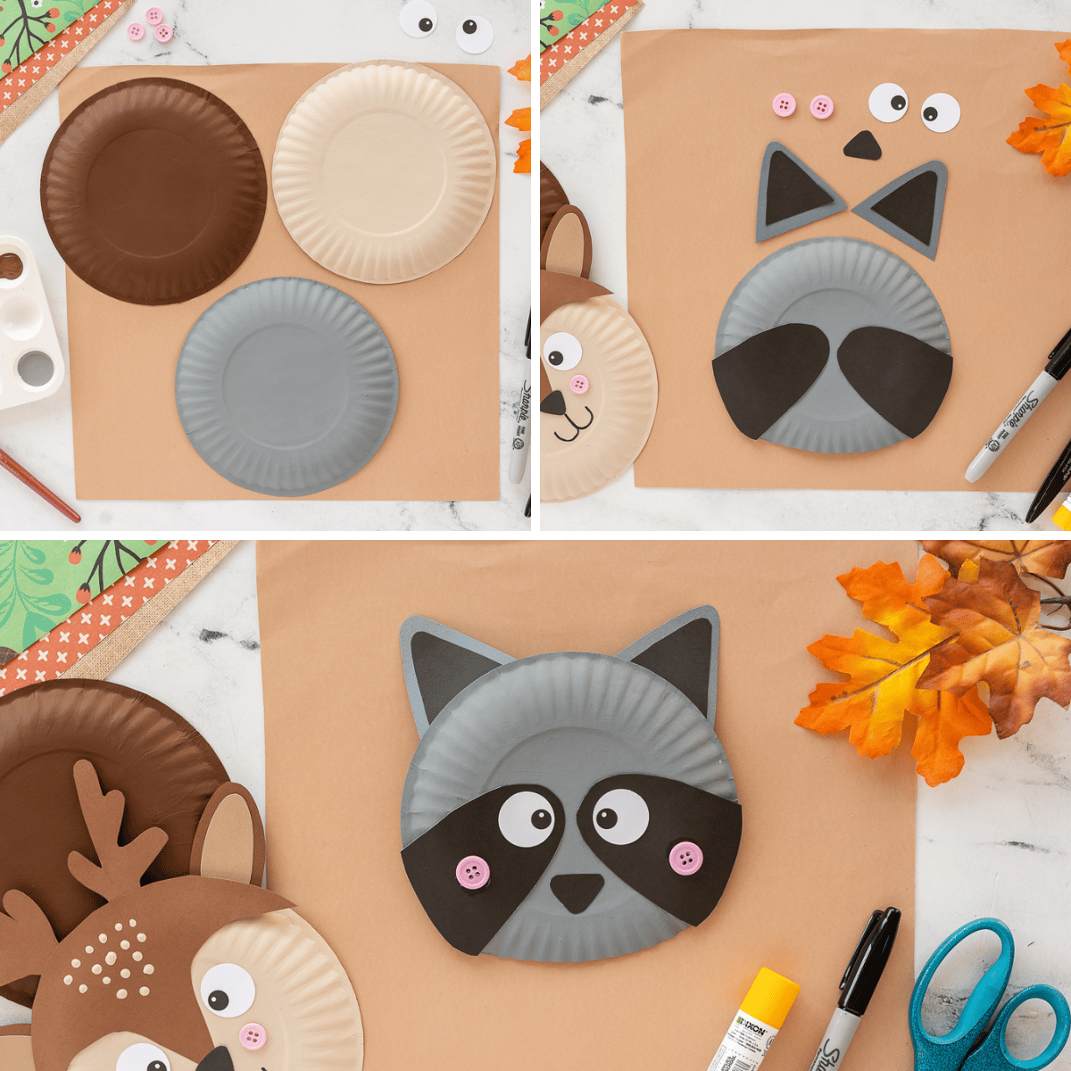 black construction paper on gray plate to make raccoon