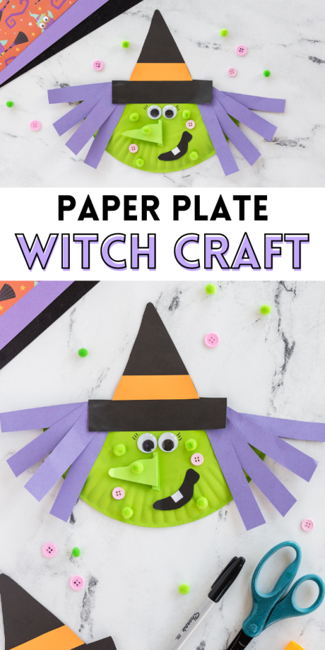 An easy paper plate witch that kids will love to create! Purple hair, a silly smile and pom pom warts all make this a silly Halloween craft!