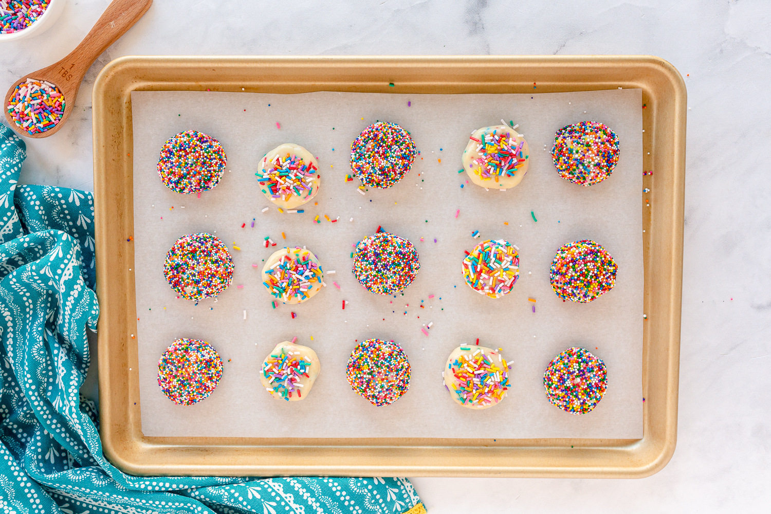 sprinkles pressed into cookie dough and place on baking sheet