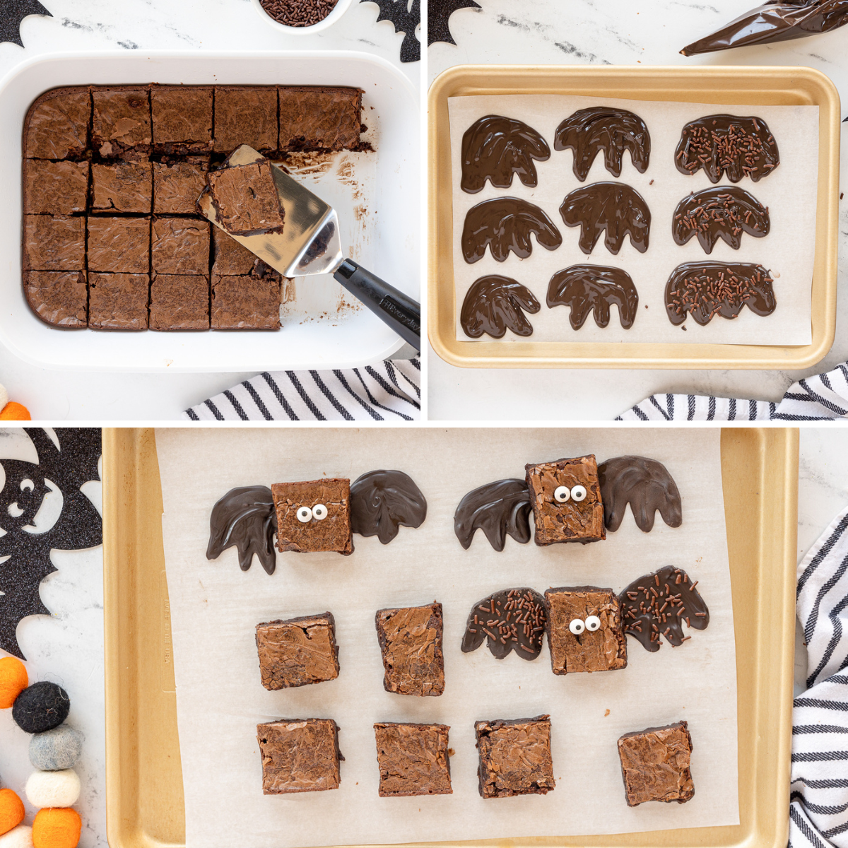cut brownies, chocolate shaped into bat wing shape