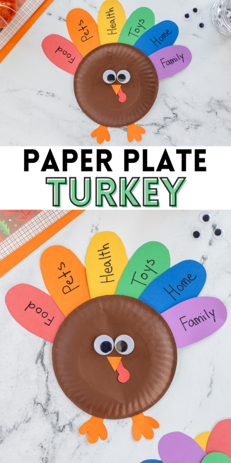An adorable paper plate turkey craft that allows kids to show what they are thankful for this year and all year long.