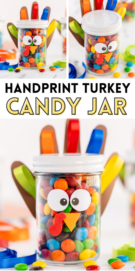 An adorable turkey handprint jar craft that can be used as a Thanksgiving decoration or a gift for loved ones and friends.