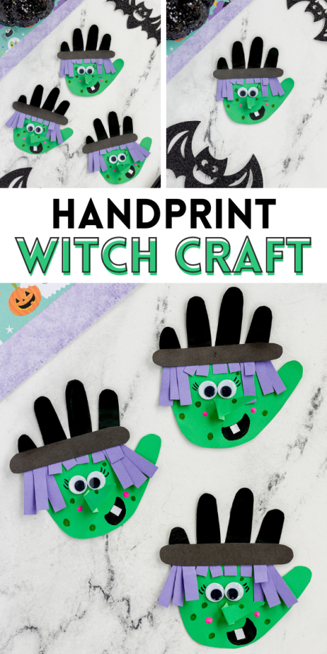 This handprint witch is a fun and simple Halloween craft idea! Purple hair, a crooked nose, and warts complete this friendly witch craft.