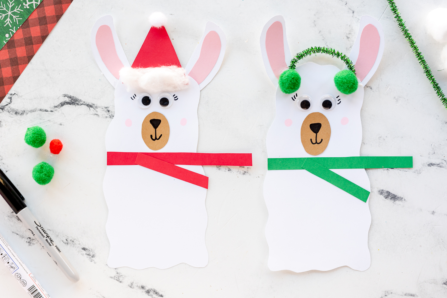 Christmas Llama Craft with green scarf and red santa hat