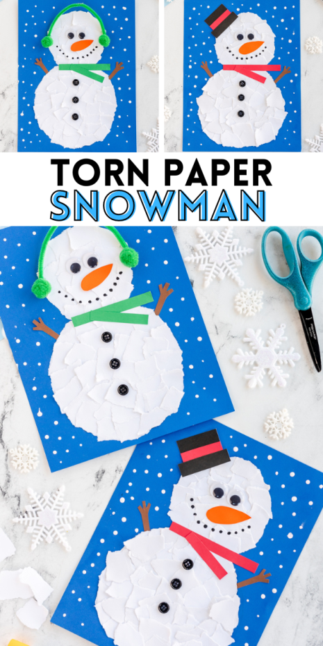 Learn how easy it is to make a torn paper snowman this winter to learn about snow and to practice fine motor skills with kids.