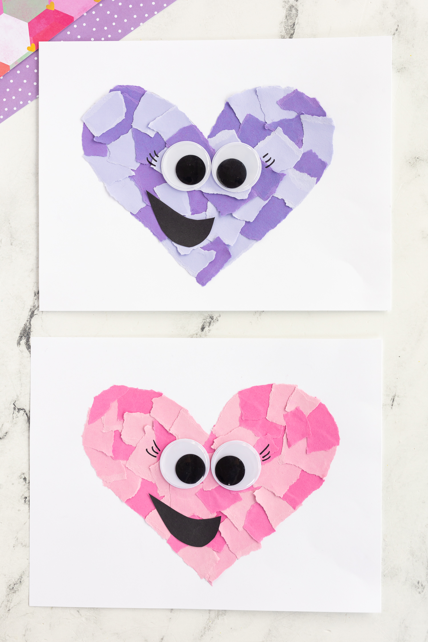 Torn paper Valentine Craft - purple and pink version