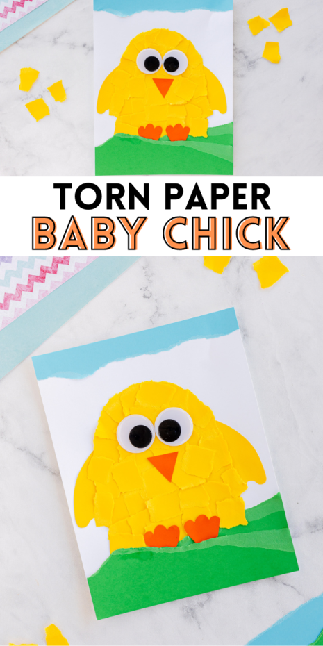 This Torn Paper Chick is a perfect activity to welcome the Spring season! Torn pieces of paper and large googly eyes make for a silly and cute baby chick!