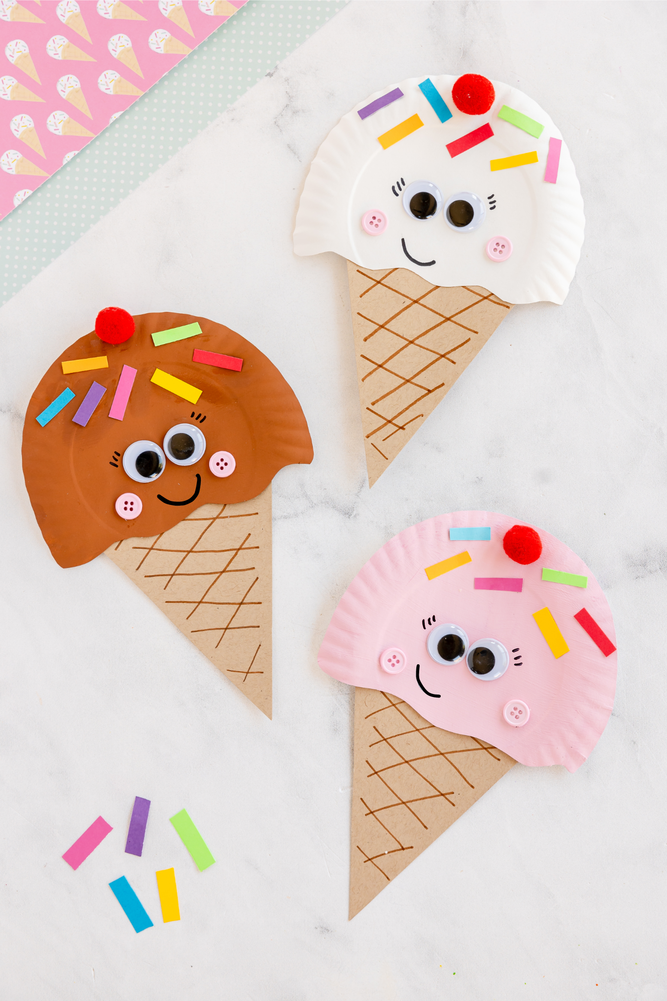 Paper Plate ice Cream cone craft with white plate, pink painted plate and brown painted plate