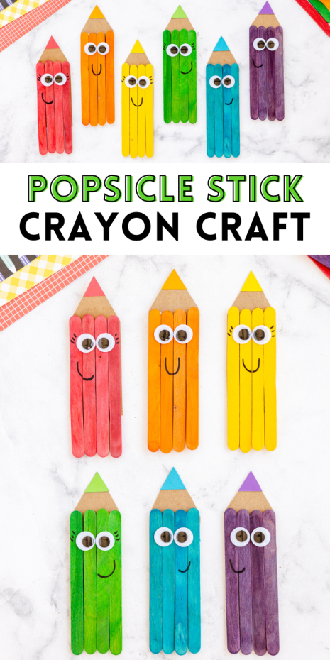 Create an adorable back to school colored pencil craft using a few popsicle sticks and googly eyes! Kids of all ages will love it.
