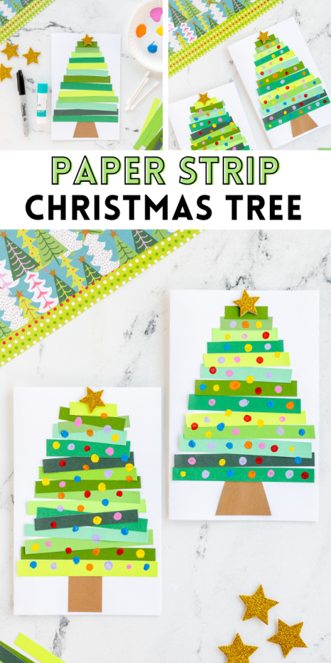 Kids will love to create this festive paper strip Christmas tree craft - all you need is simple materials such as paper, q-tips and paint to get started on this Christmas card they will love all winter long! 