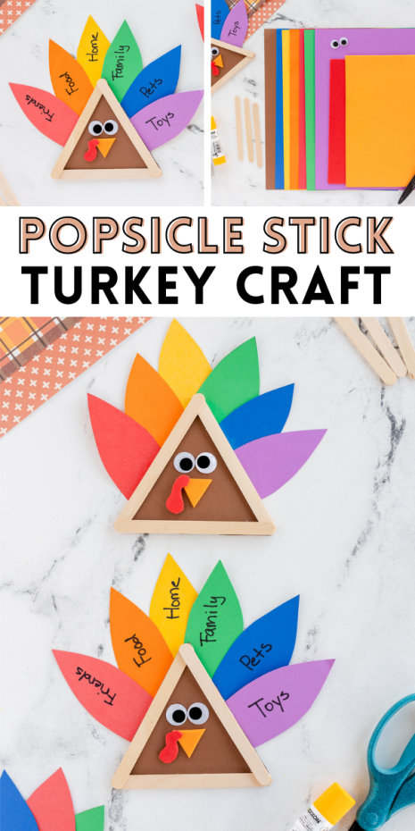 This Popsicle Stick Turkey Craft is a simple Thanksgiving craft for kids of all ages! Use bright colored paper made feathers to share what they are thankful for this season. 