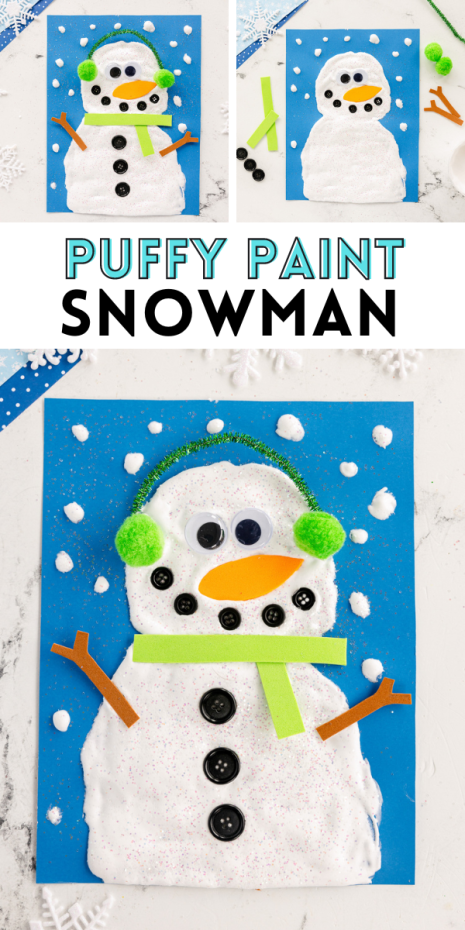 This puffy paint snowman is a wonderful activity for kids of all ages! Make a quick batch of homemade puffy paint and add a few embellishments to make an adorable puffy snowman!