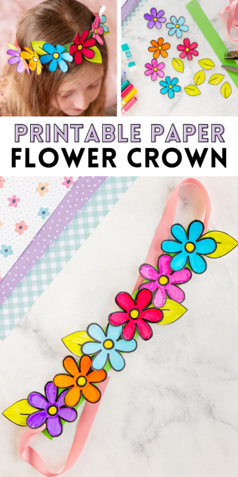 This printable paper spring flower crown is such a fun coloring activity for kids! Color your flowers, glue them together and add a ribbon to make a beautiful crown fit for a floral princess.