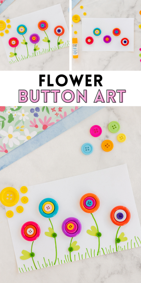 This flower button art is a fun and simple way to create a beautiful field of flowers with colorful buttons, paper, and a touch of green marker. Kids will love building their layered meadow of wildflowers.