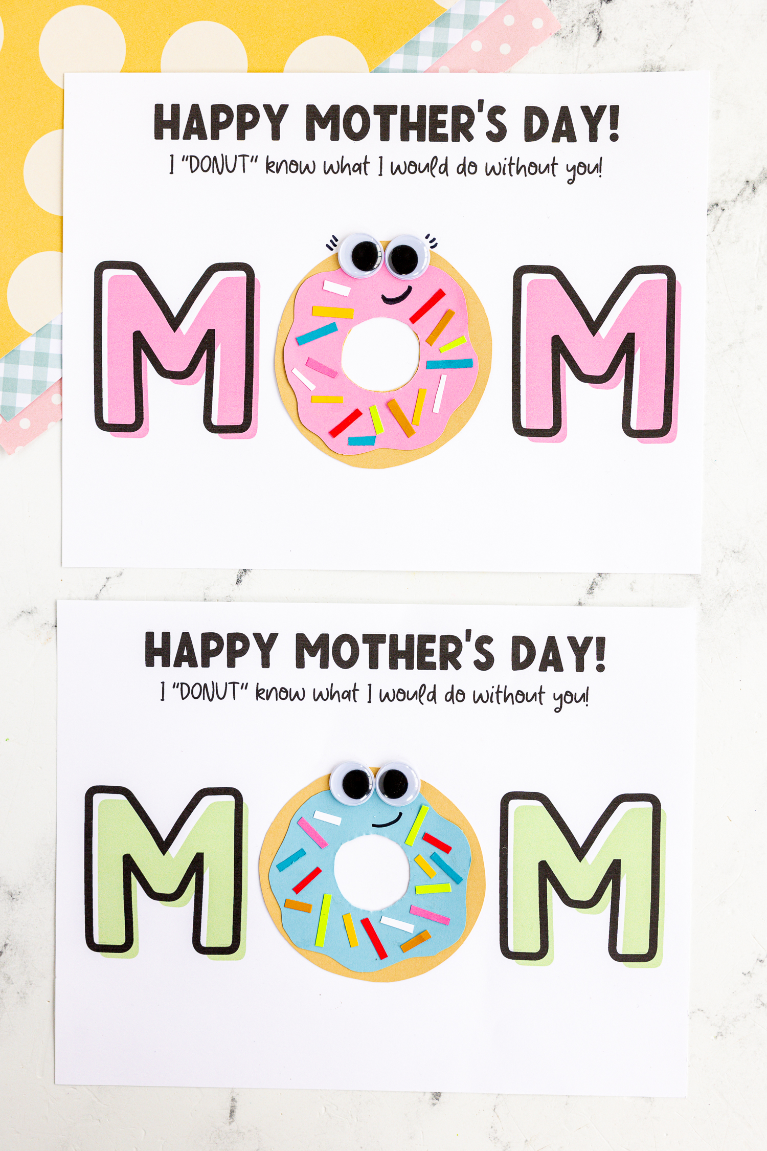 finished donut cards for moms. Pink version and a blue version available