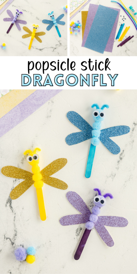 This popsicle stick dragonfly is a fun summery craft that can be made with minimal supplies and under 30 minutes! Grab some colorful pom poms and popsicle sticks and let's get started!