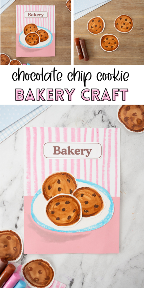 Make this adorable Chocolate Chip Bakery Craft using tempera paint sticks and watercolor. Kids create bold bakery stripes, paint cookies, and add chocolate chips for a fun bake shop art project.