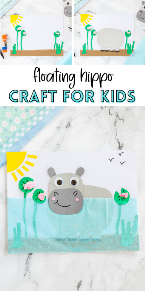 This adorable hippo craft uses layered tissue paper to create water, with lily pads, sunshine, and charming details like googly eyes and paper flowers—perfect for a safari theme, animal unit, or summer craft.