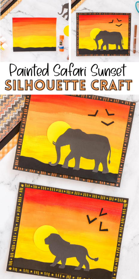 This painted safari sunset craft for kids uses warm sunset colors and animal silhouettes to create a bold, beautiful art project perfect for an animal or safari theme.
