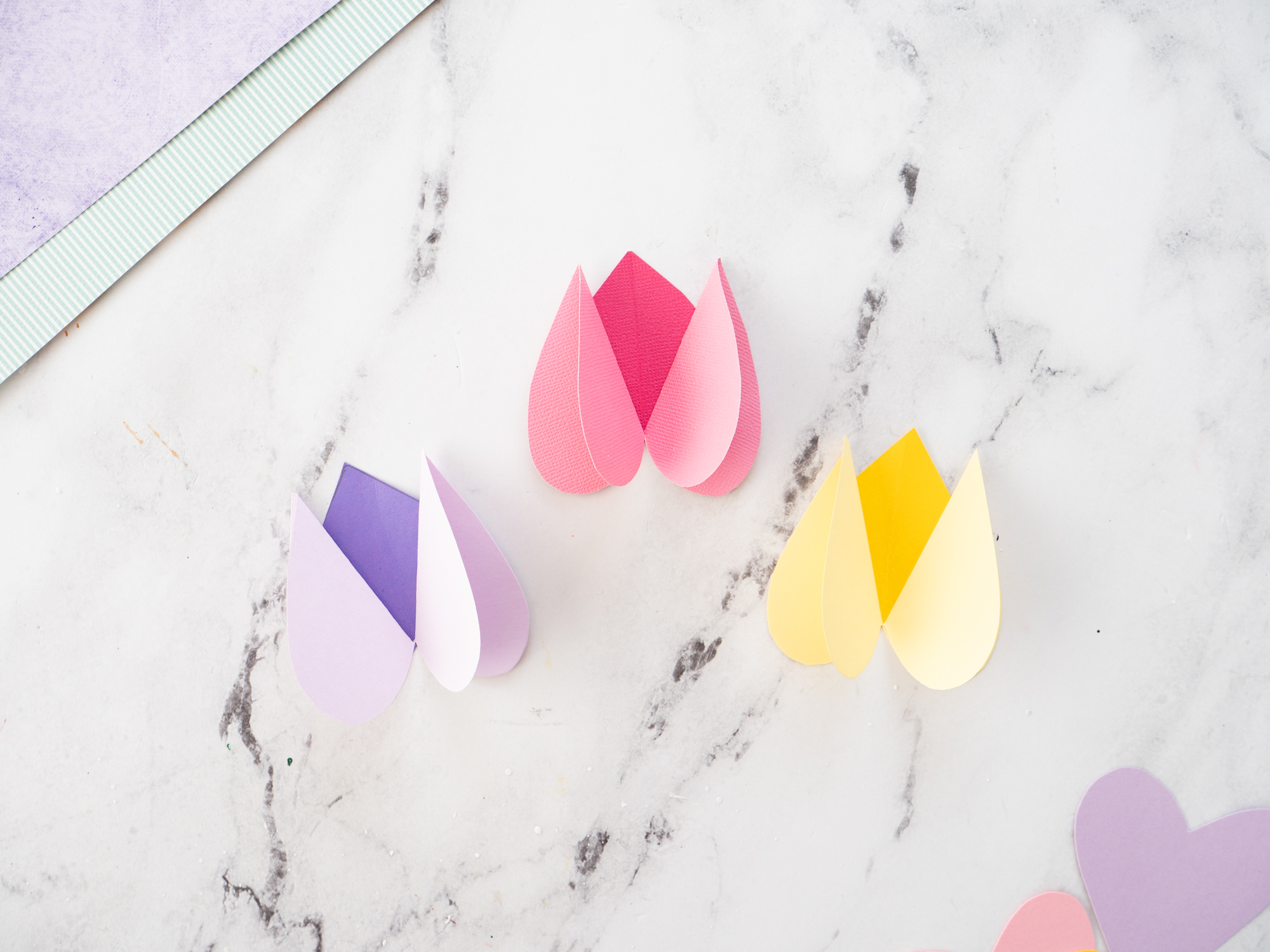 paper hearts prepared for 3D tulip craft