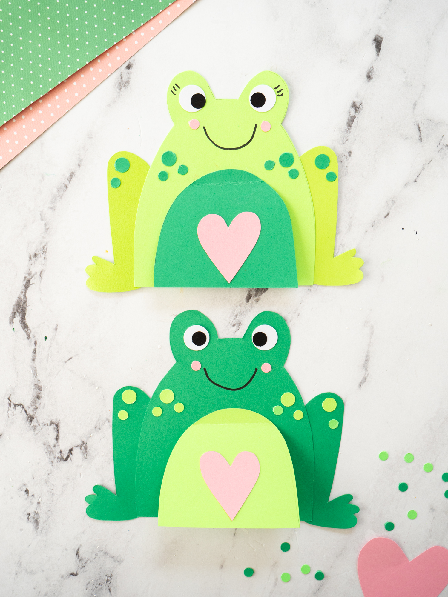 Close up of cute frog craft card with heart belly for Mother&rsquo;s Day