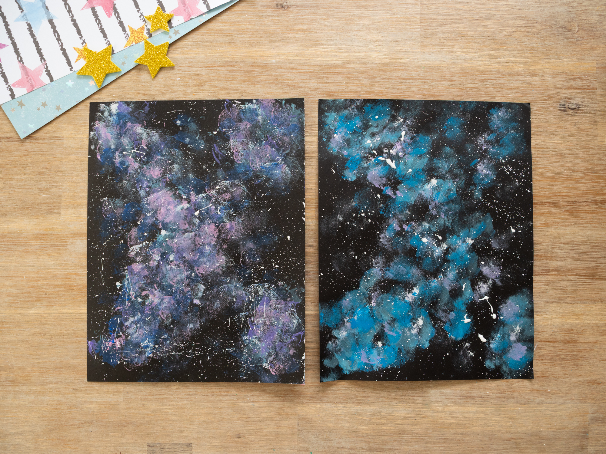 easy galaxy art for kids with painted space background