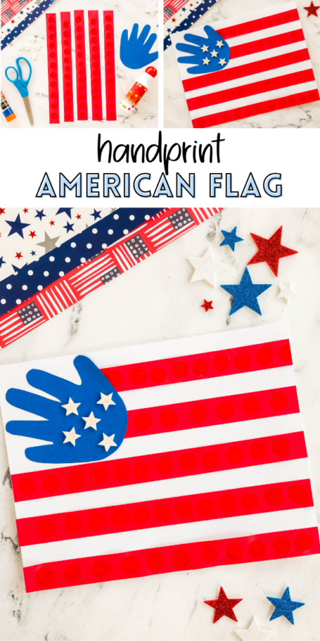 Make a simple Handprint Flag Craft for kids using paper, stripes, and sparkly stars. This handprint American flag is an easy patriotic craft perfect for Memorial Day or the Fourth of July.