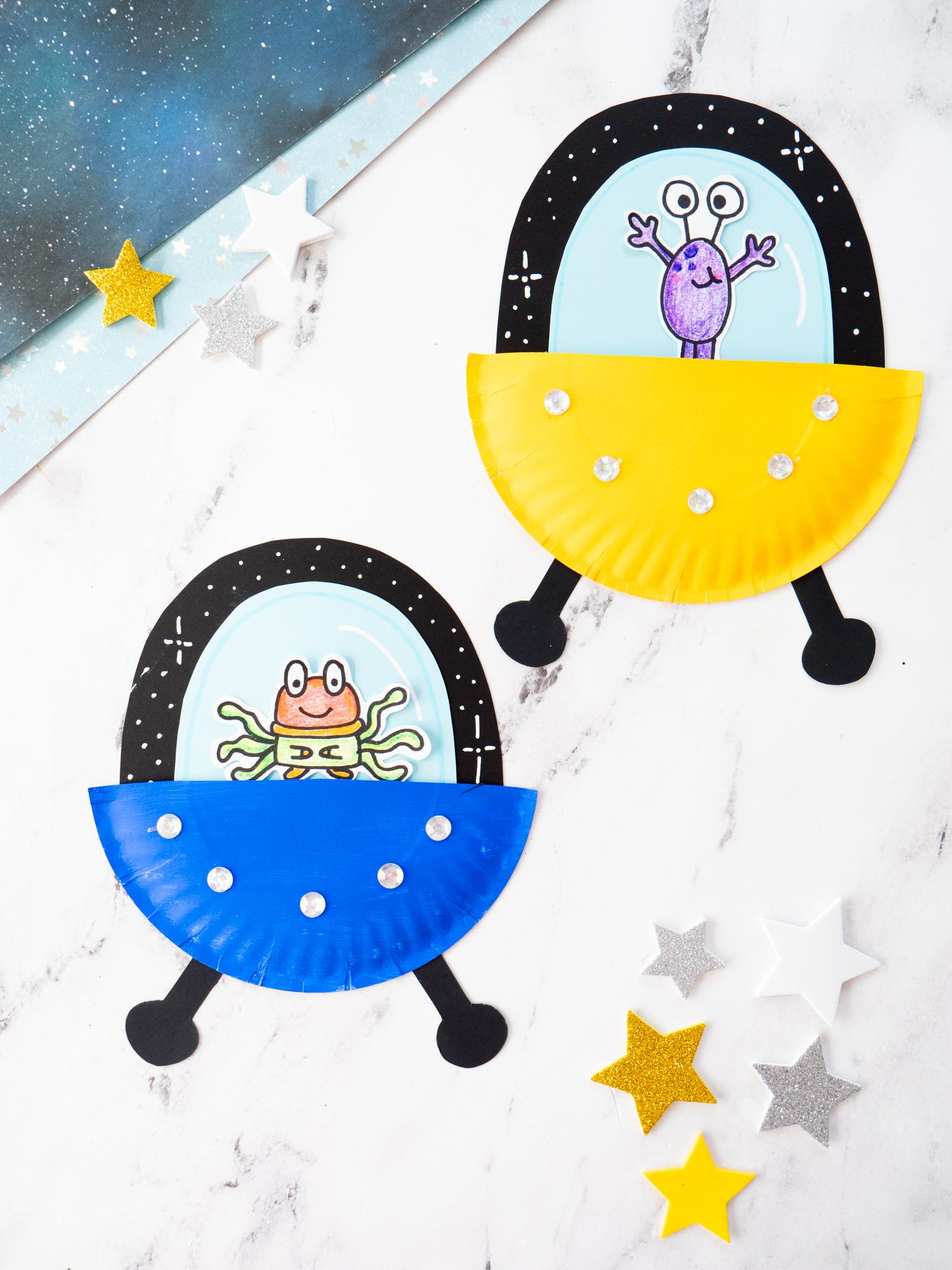 paper plate UFO craft with alien drawing