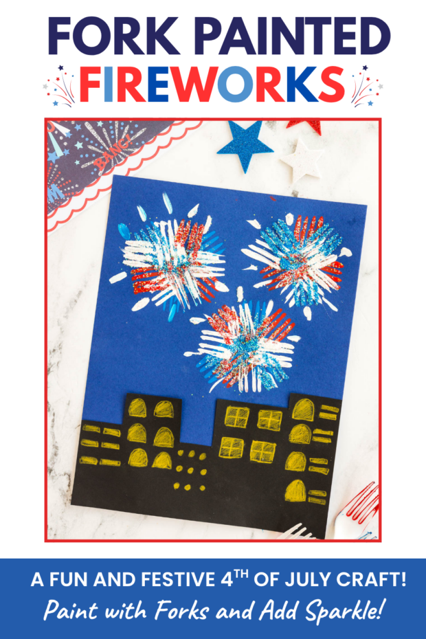 Make this colorful fork painted fireworks craft for kids using simple supplies! A fun and festive fourth of July craft for kids that combines painting, texture, and glitter.