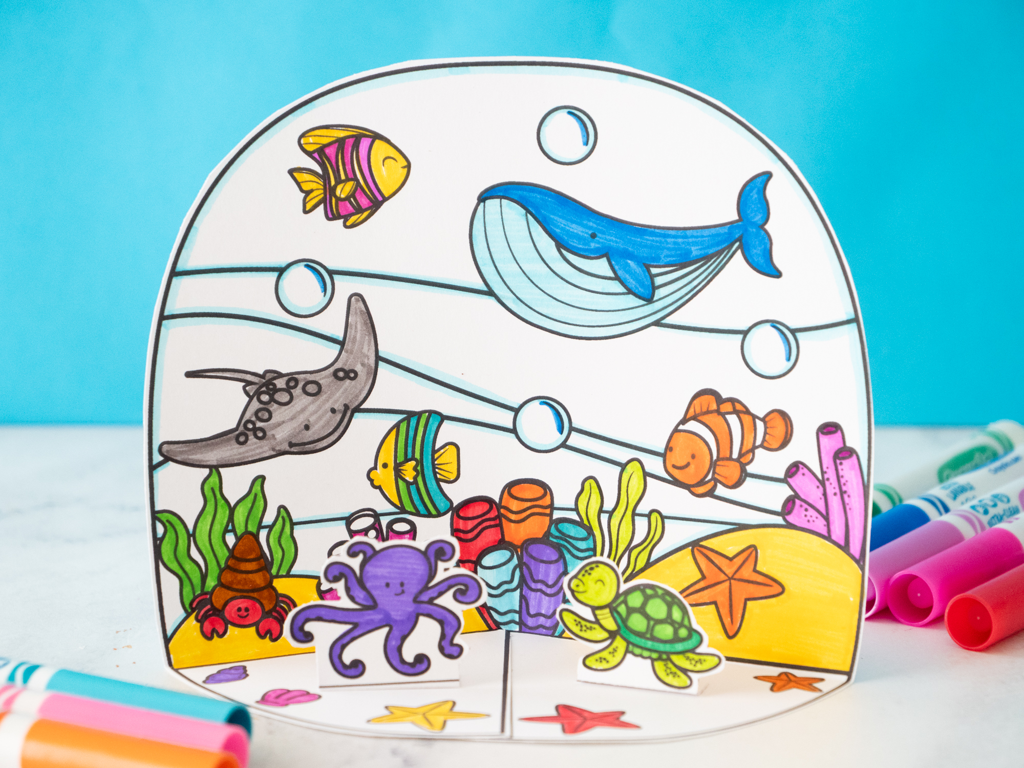 Ocean Diorama for Kids printable featuring colorful ocean animals in a fun 3D underwater scene.