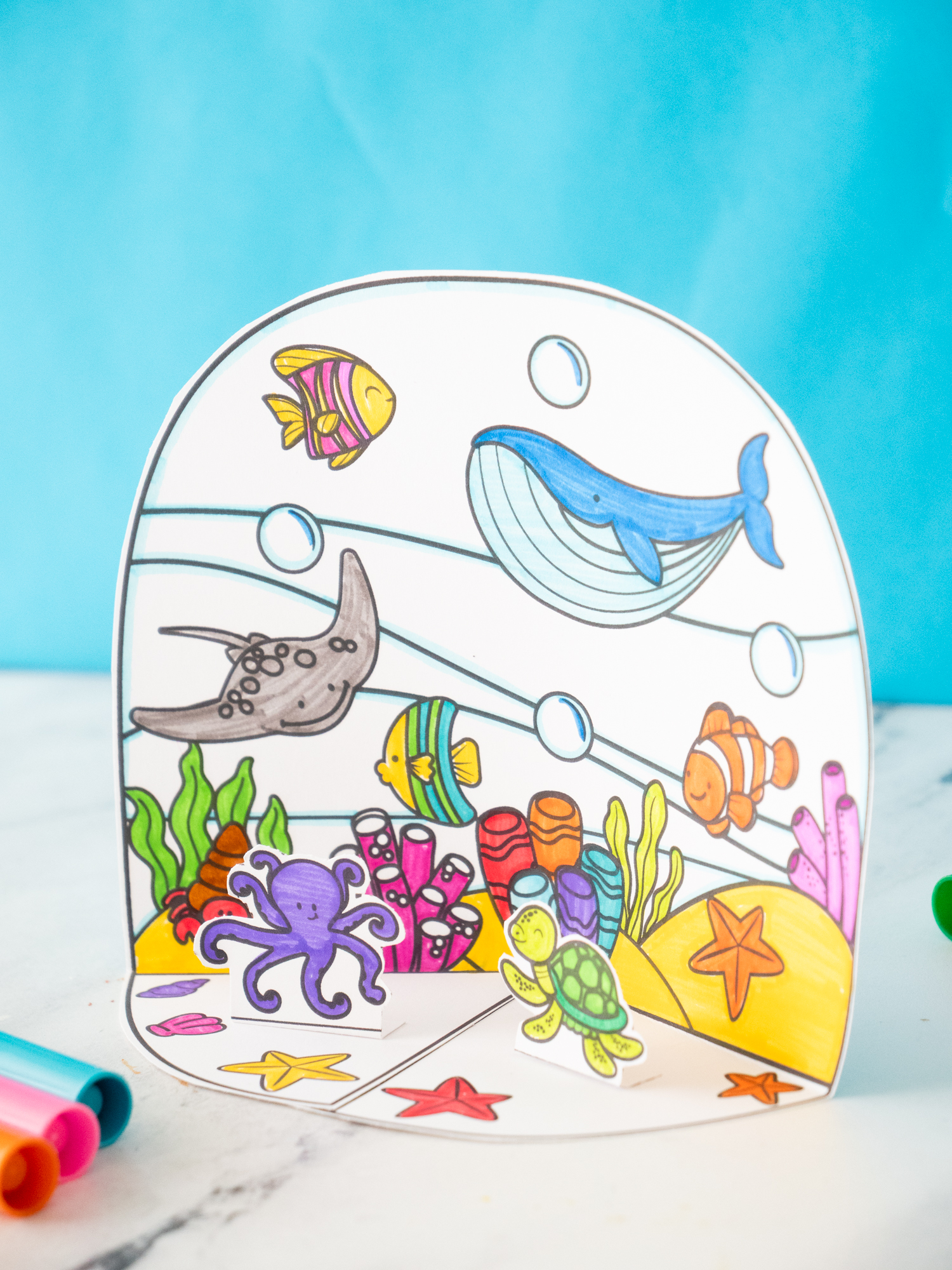Completed Ocean Diorama for Kids displaying colorful ocean animals in a 3D underwater habitat.