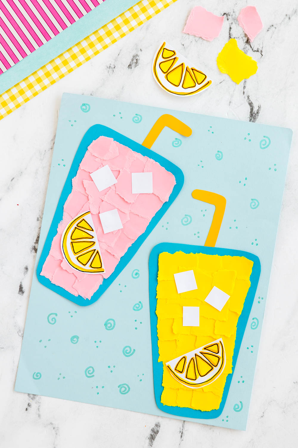 Easy torn paper lemonade craft for preschool and elementary kids using a printable template