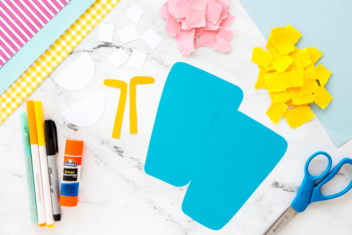 Printable torn paper lemonade craft template with lemonade glasses, straws, lemon slices, and ice cubes