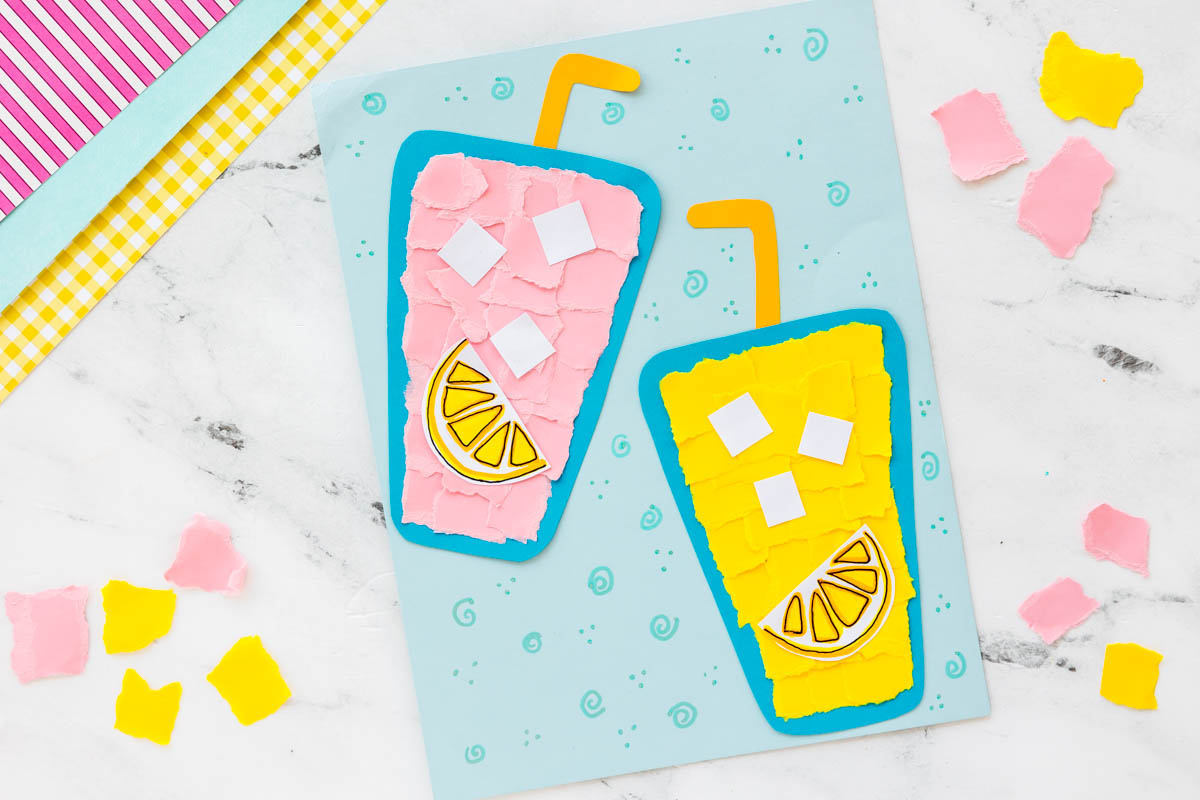 Textured torn paper lemonade craft showing layered yellow and pink paper pieces